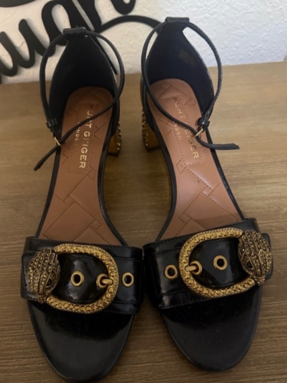 Kurt Geiger Mayfair Block Heel Black Leather Ankle-Strap Heels